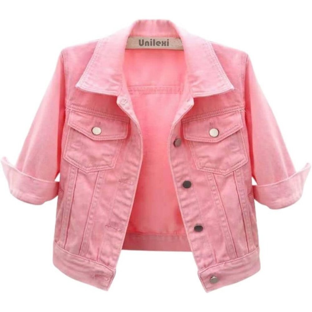Women's 3/4 Sleeve Colored Cropped Denim Jacket Short Jean Jacket Trucker Pink